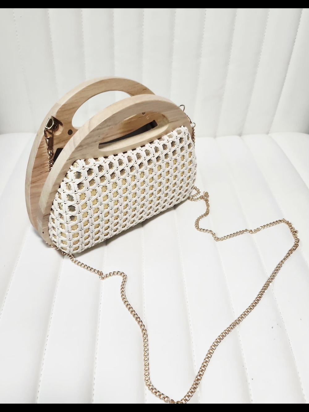 Woven White & Natural Wood Crossbody Bag with Gold Chain